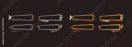 Medieval level frames, viking game ui menu elements, gold or silver metal banners with rims decorated with skull, horns, swords, wing and snake. Empty gui bars for rpg or arcade, Cartoon 2d vector set