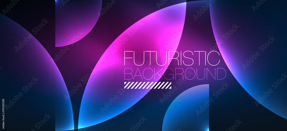 Shiny neon geometric abstract background. Glowing lights on round shapes, triangles and circles. Wallpaper for concept of AI technology, blockchain, communication, 5G, science, business