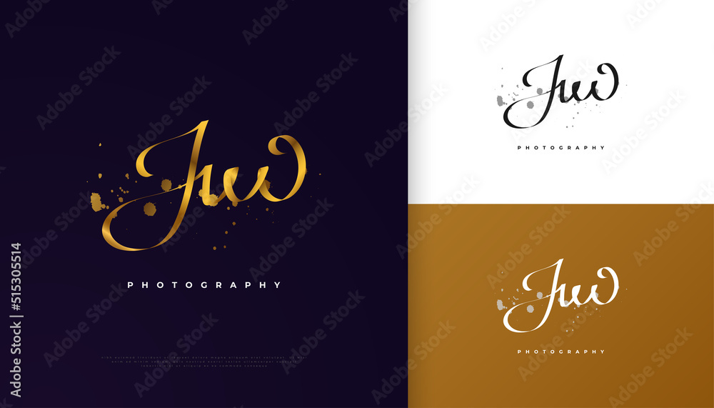JW Initial Signature Logo Design with Elegant and Minimalist Gold Handwriting Style. Initial J and W Logo Design for Wedding, Fashion, Jewelry, Boutique and Business Brand Identity