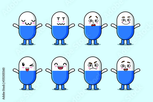 Set kawaii capsule medicine cartoon character with different expressions of cartoon face vector illustrations