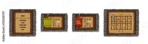 Game interface, popup menu, win and lose windows. Cartoon user ui panel with options, buttons, weapon shop, gui elements, player rate stars, score, asset board, player profile 2d vector graphic design