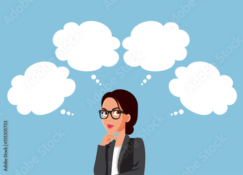 Troubled Businesswoman Having Many Thoughts Vector Cartoon Illustration. Undecided entrepreneur choosing for various alternative business solutions
