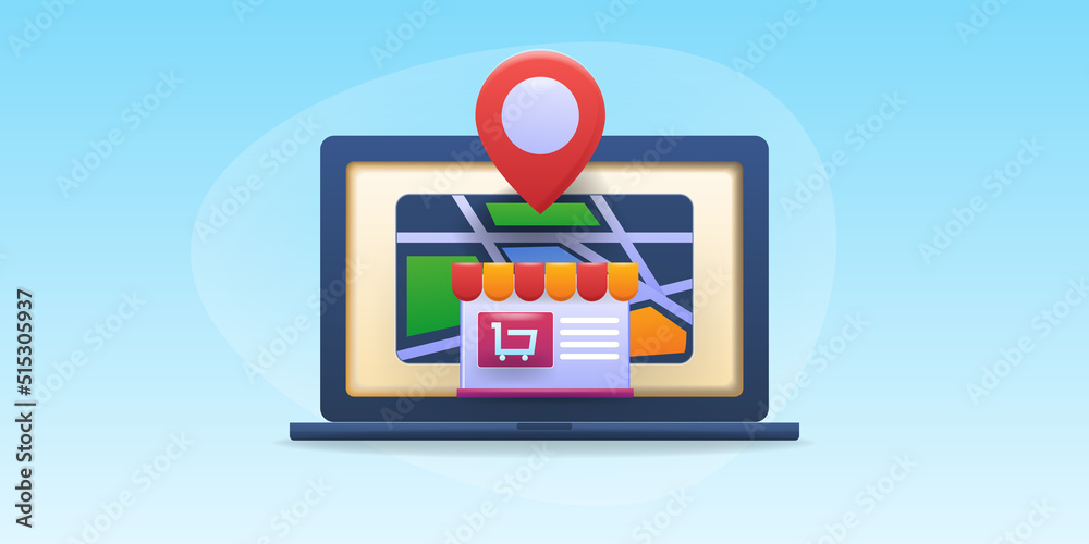 Local SEO - small business store map pin location on laptop screen, ecommerce business - 3d concept of vector illustration. Local SEO - small business store map pin location on laptop screen, ecommerce business - 3d concept of vector illustration.