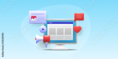 3d concept of content marketing, blog post publishing and distribution on social network, brand message digital communication cms technology, vector illustration.
