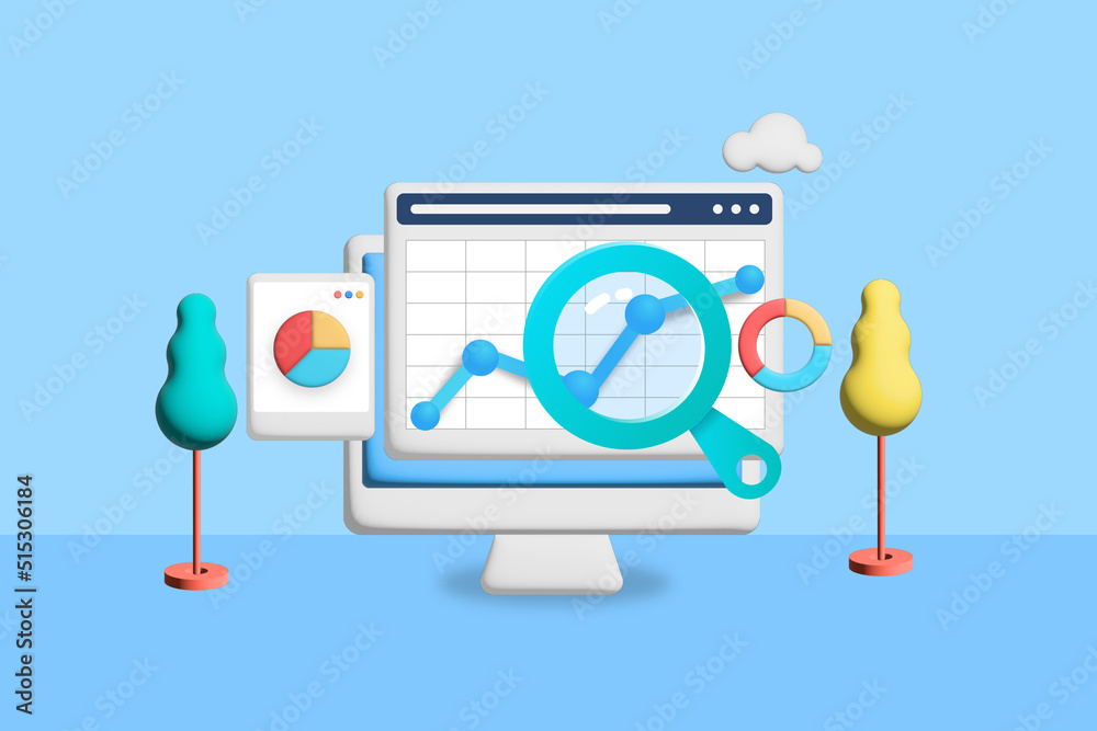 3d - Data analysis, business and financial growth report with chart and diagram displays on virtual dashboard. Web traffic monitoring SEO conceptual rendered illustration. - obrazy, fototapety, plakaty 