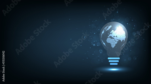 Futuristic sustainable energy concept. low polygonal line drawing of planet earth as a light bulb on dark blue background.