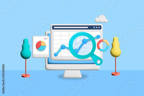 3d - Data analysis, business and financial growth report with chart and diagram displays on virtual dashboard. Web traffic monitoring SEO conceptual rendered illustration.