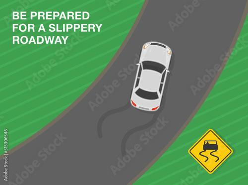 Safe driving tips and traffic regulation rules. Slippery road ahead sign meaning. Be prepared for a slippery roadway warning. Flat vector illustration template.