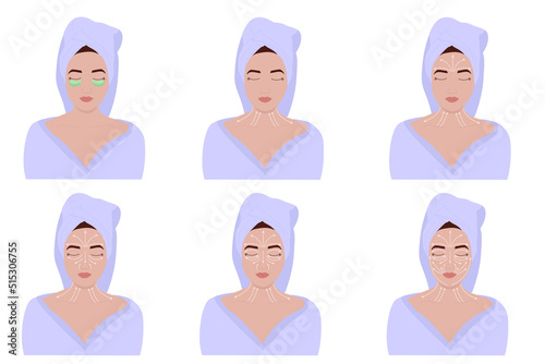 Gua Sha massage. Massage lines on the face, instructions on how to do facial massage