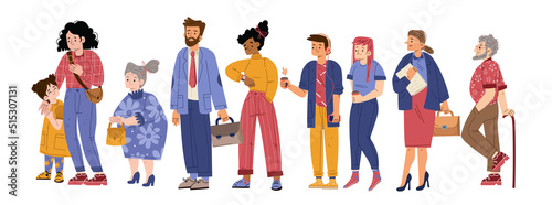 Diverse people standing in queue side view. Vector flat illustration of multiracial group, girl with mother, elder man and woman, students and businesswoman waiting in line