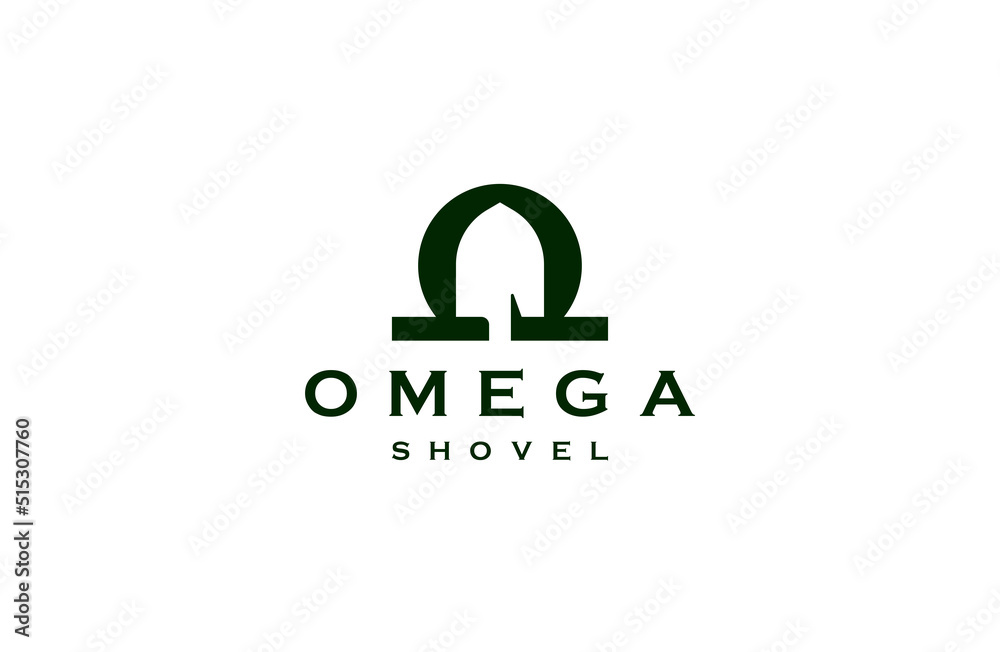 Fototapeta premium Omega symbol with shovel shape logo icon design template flat vector illustration