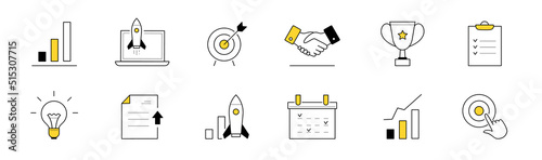 Doodle icons startup, project launch, business start up idea vector set. Rocket, goal achievement and handshake, light bulb, calendar and trophy, shot on target, chart or graph
