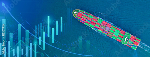 Aerial view container ship with business graph analysis, Global business import export logistic transportation worldwide by container cargo ship vessel, Freight shipping maritime. © Kalyakan