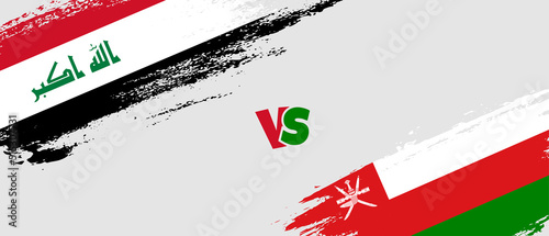 Creative Iraq vs Oman brush flag illustration. Artistic brush style two country flags relationship background
