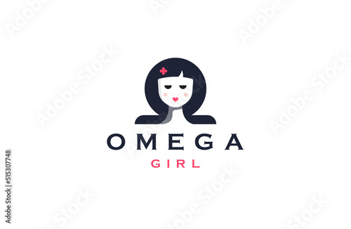 Omega girl face logo icon design template flat vector illustration