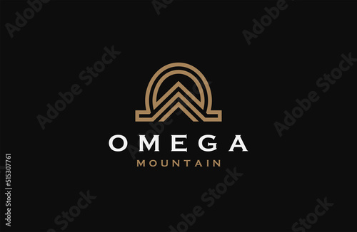 Omega symbol with mountain shape logo icon design template flat vector illustration