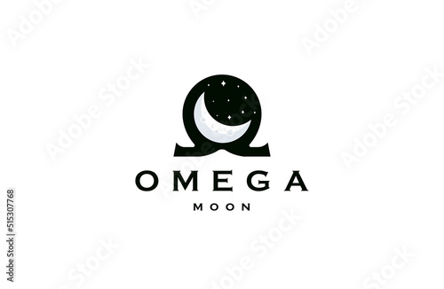 Omega symbol with moon shape. Omega moon logo icon desogn template flat vector
