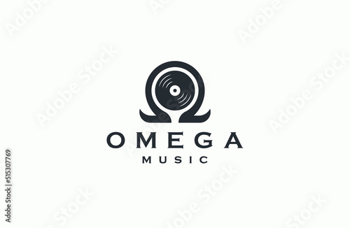 Omega symbol with vinyl record shape.  Omega music logo icon design template flat vector illustration