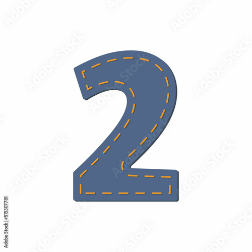 Denim number 2. Design element, stitched with orange threads. Vector illustration.
