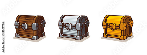 Game icons of treasure chests. Vector cartoon set of closed ancient wooden, silver and gold trunks. Wood, metal and golden coffers with lock isolated on white background
