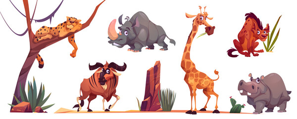 Foto auf Acrylglas Zoo Wilde afrikanische Tiere, Zoofiguren. Vektor-Cartoon-Illustration von niedlichen Giraffen, Geparden, Nashörnern, Flusspferden, Hyänen, Gnus und Savannenlandschaft mit Baum, Sand und Gras  © klyaksun