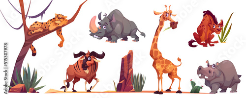 Wild african animals, zoo characters. Vector cartoon illustration of cute giraffe, cheetah, rhino, hippo, hyena, wildebeest and savannah landscape with tree, sand and grass