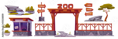 Zoo landscape elements, cartoon vector set, entrance with wooden arch, fence, open cashier booth. Zoological park collection with wood arrows pointers on pole, pond and green grass, stone path, tree