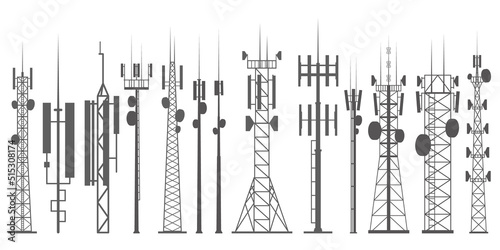 Mobile towers set. Internet network. Radio antennas and cellular communication constructions. Vector silhouette outline illustration.