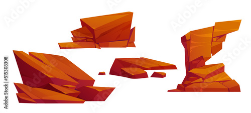 Desert stones, rock elements of mountains, cliff or canyon in Africa, Mexico, Arizona or Texas. Vector cartoon set of brown orange rubbles, rough boulders, sandstone isolated on white background