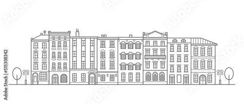 Europe street outline illustration. Old houses in row. Retro buildings. Cityscape line art style vector picture.