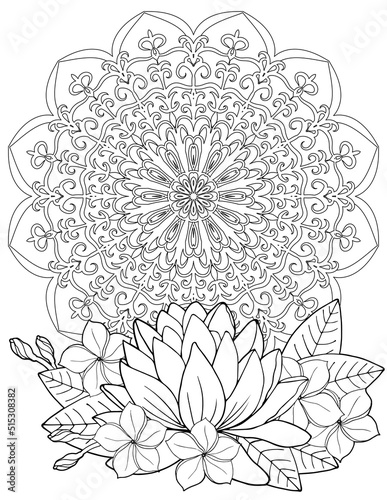 Coloring book for adults Mandala in the center and a beautiful lotus. Doodle coloring page.