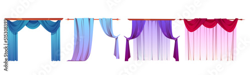 Different form curtains for windows vector cartoon set of house interior elements, window with drapes and blind isolated on white background