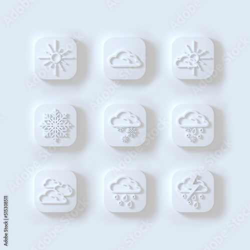 A set of 3d rendering meteorology icons in white on a white background.