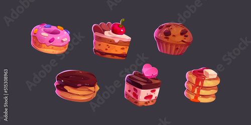 Game icons cakes, sweets and desserts. Cartoon 2d ui graphic elements, pastry, cupcakes, donut, ratafia and pancakes with topping, chocloate, berries, fruits and sprinkles isolated vector set