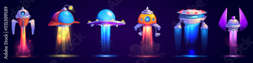 Alien spaceship game icons vector set. Funny flying rockets, ufo shuttles cartoon collection illustrations isolated on white background. Fantasy cosmic objects, computer game graphic design elements