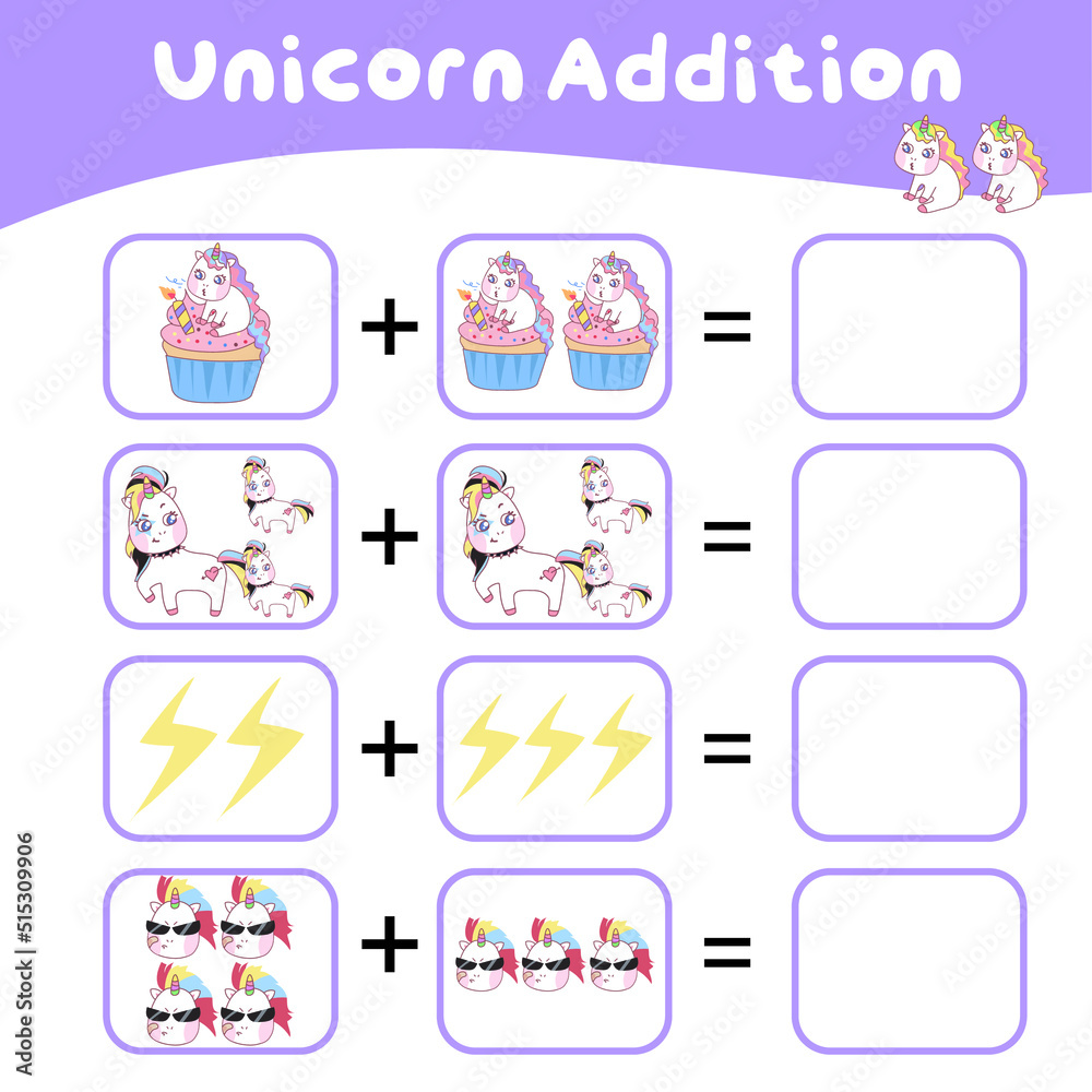 Obraz premium Math worksheet with unicorn theme. Learning how to counting for preschool children. Educational printable sheet. Vector illustration. 
