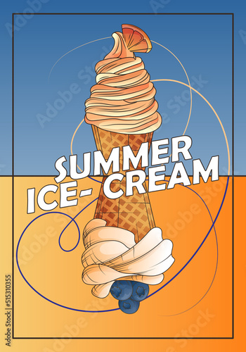 Vector poster background with two ice-cream in waffle cone with fruits. Bright illustration for banner, poster design, advertising, flayer,  menu decoration, cafe design. Summer holidays concept.