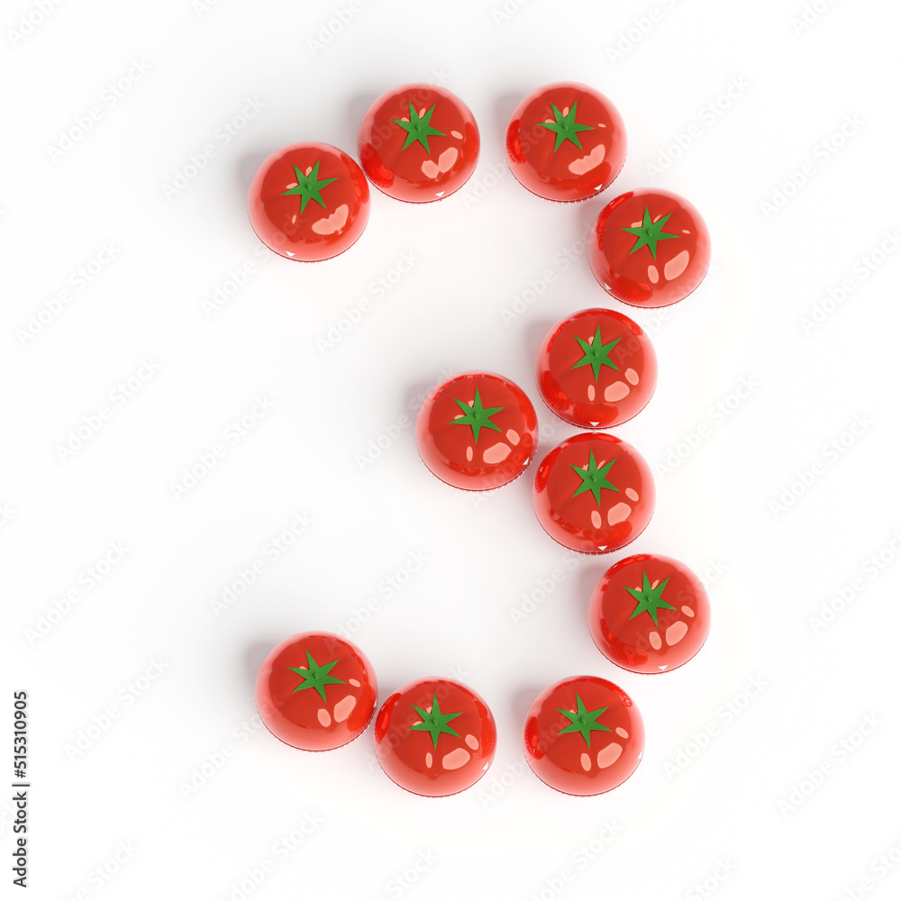 Number 3 from pomodoro kitchen timer. Font from shiny red plastic tomato timers. White background. Bright font for menu or food blog. Number 3 from pomodoro kitchen timer. Font from shiny red plastic tomato timers. White background. Bright font for menu or food blog.