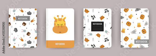 Cover page notebook collection. Templates with cute animals in scandinavian style. Perfect for diary, books, magazines, journals, catalogs, planners and flyers. Vector layouts.