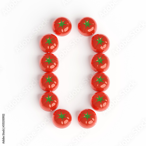 Number 0 from pomodoro kitchen timer. Font from shiny red plastic tomato timers. White background. Bright font for menu or food blog.