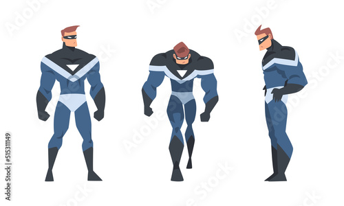 Man Superhero Character Dressed Black and Blue Costume and Mask in Action Vector Set