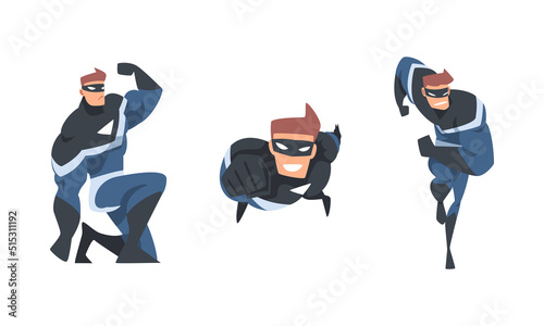 Man Superhero Character Dressed Black and Blue Costume and Mask in Action Vector Set