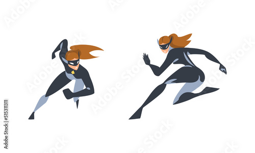 Woman Superhero Character Dressed Black and Blue Costume and Mask in Action Vector Set