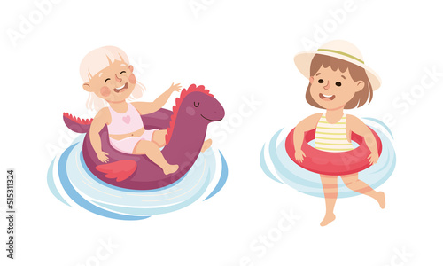 Little Girl in Swimsuit Swimming with Rubber Ring in Water Vector Set