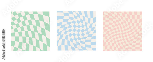 Set of twisted checkerboard backgrounds in pale pastel colors. Groovy hippie chessboard pattern. Retro wavy 60s 70s abstract psychedelic design. Gingham vector wallpaper collection for print.