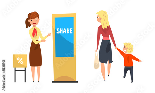 Woman Promoter Advertising Products or Services to Passerby at Trade Show Vector Set