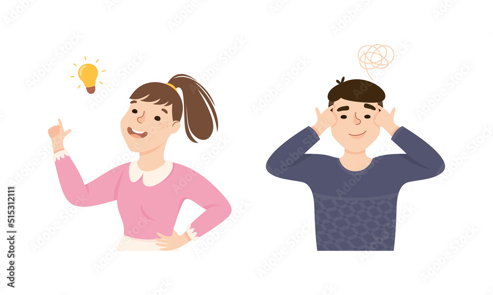 Man and Woman Thinking and Figuring Something out Searching for Idea Vector Set Man and Woman Thinking and Figuring Something out Searching for Idea Vector Set