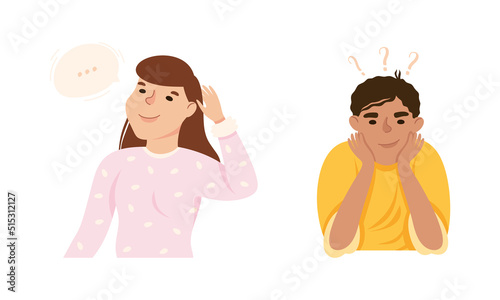 Man and Woman Thinking and Figuring Something out Searching for Idea Vector Set