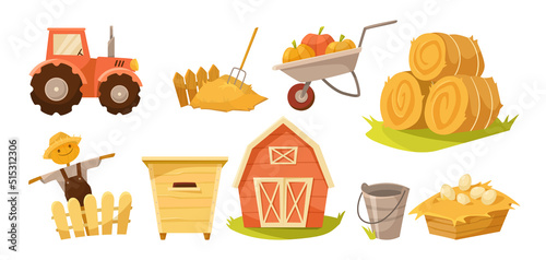 Farm or countryside elements vector illustrations set. Cartoon drawings of tractor, hay bales, scarecrow from straw, barn or red house isolated on white background. Farming, agriculture concept