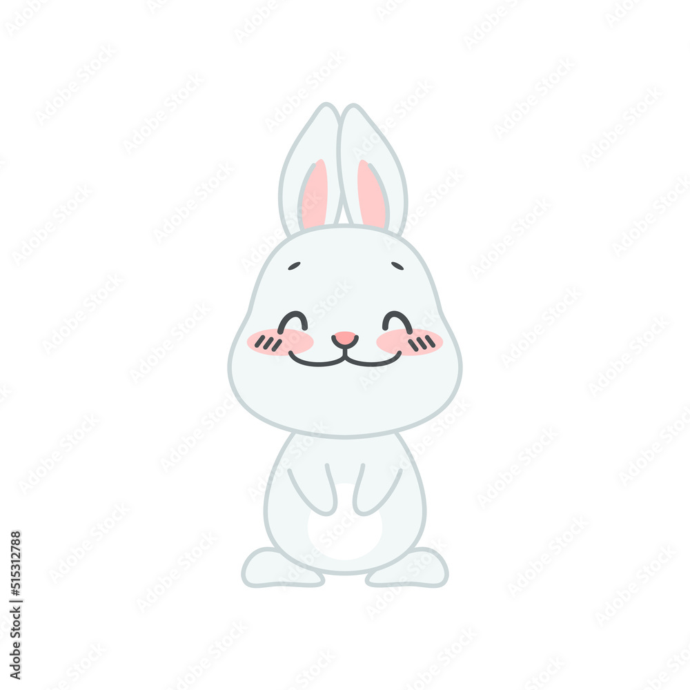 Cute blushing and smiling bunny. Flat cartoon illustration of a shy little gray rabbit isolated on a white background. Vector 10 EPS.